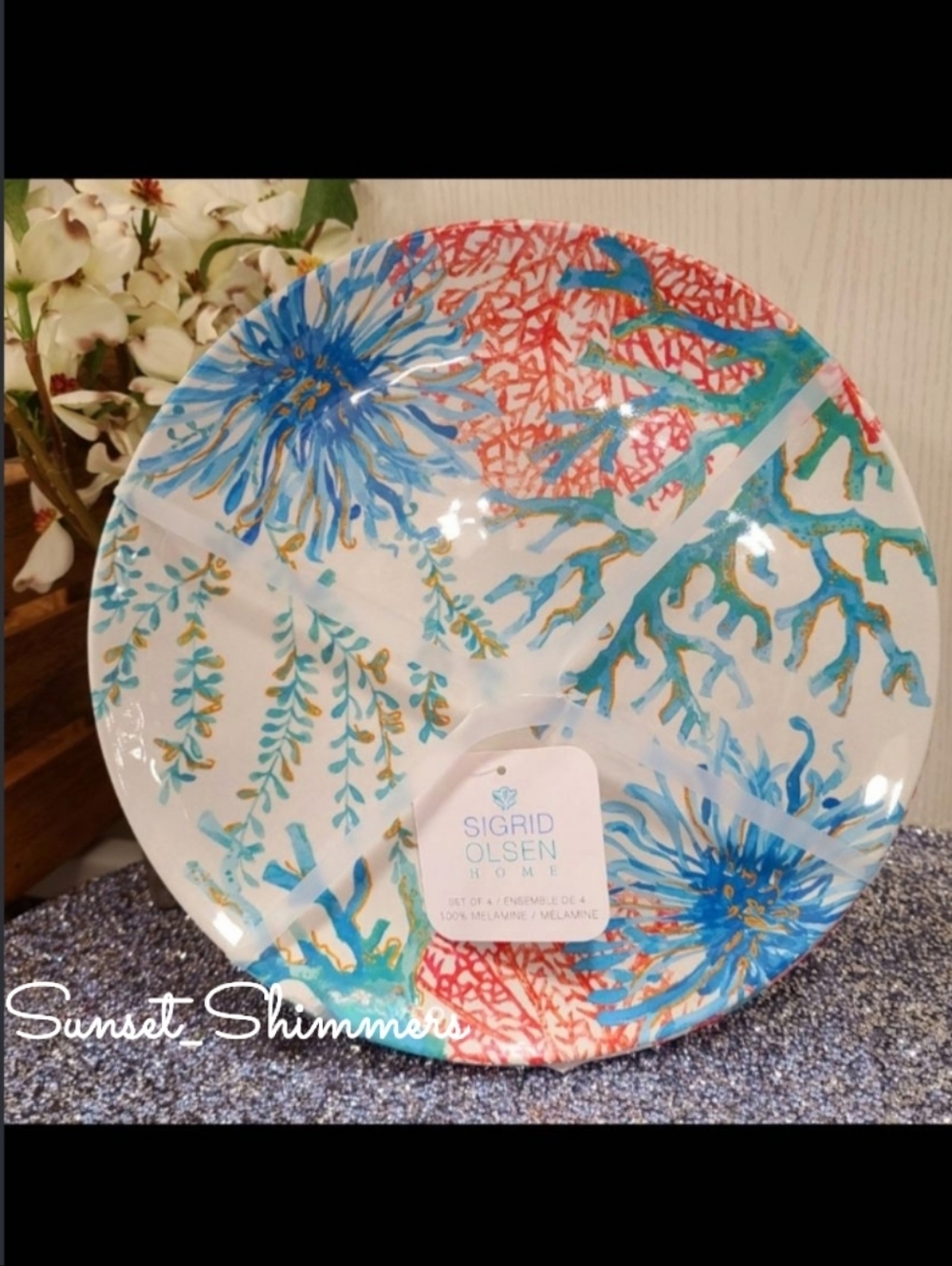 4 Sigrid Olsen Melamine Sea Coral Colorful Indoor Outdoor Dinner Plates Set New